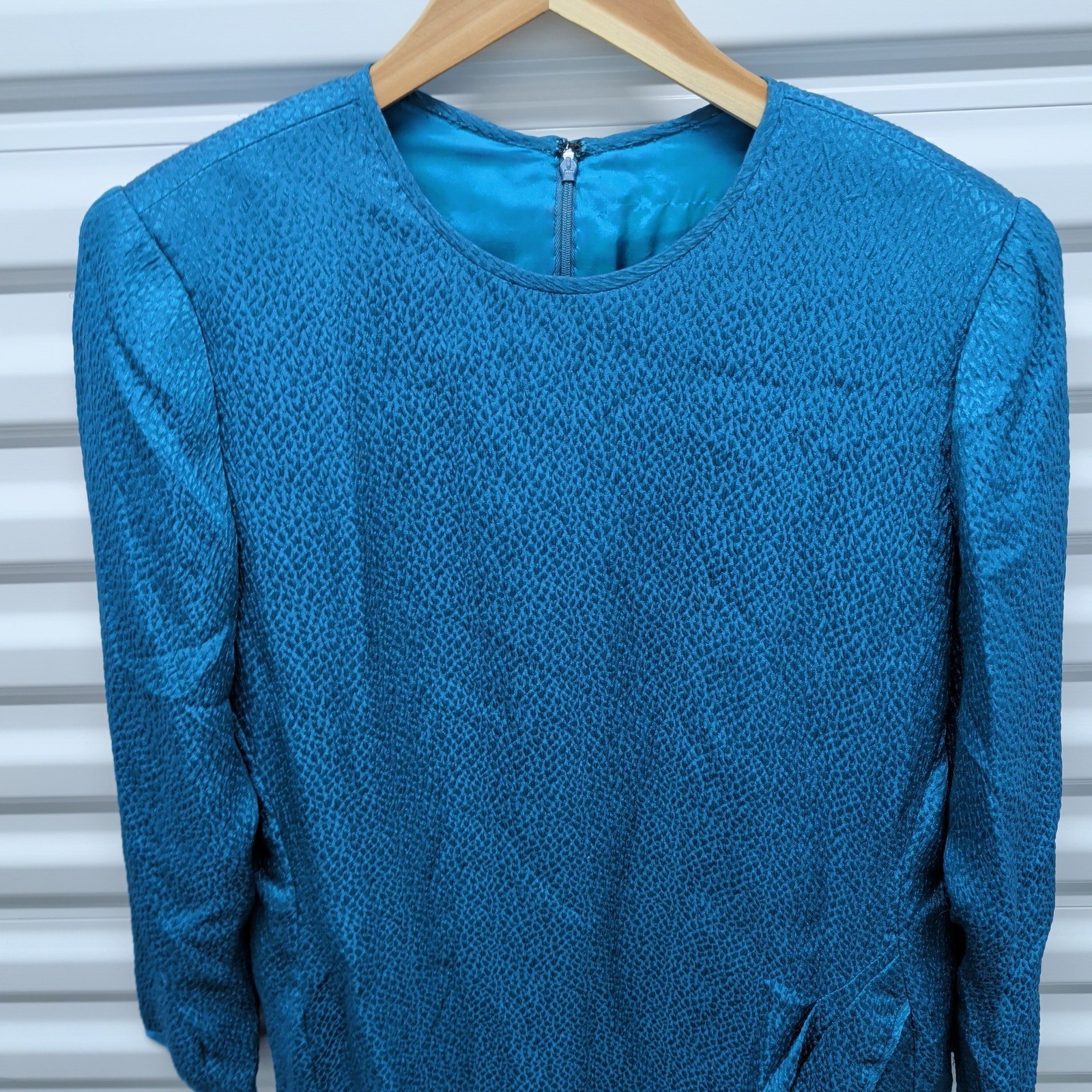 Stanley Platos Martin Ross Size 12 Womens Teal Blue Jacquard Vintage 80s Dress