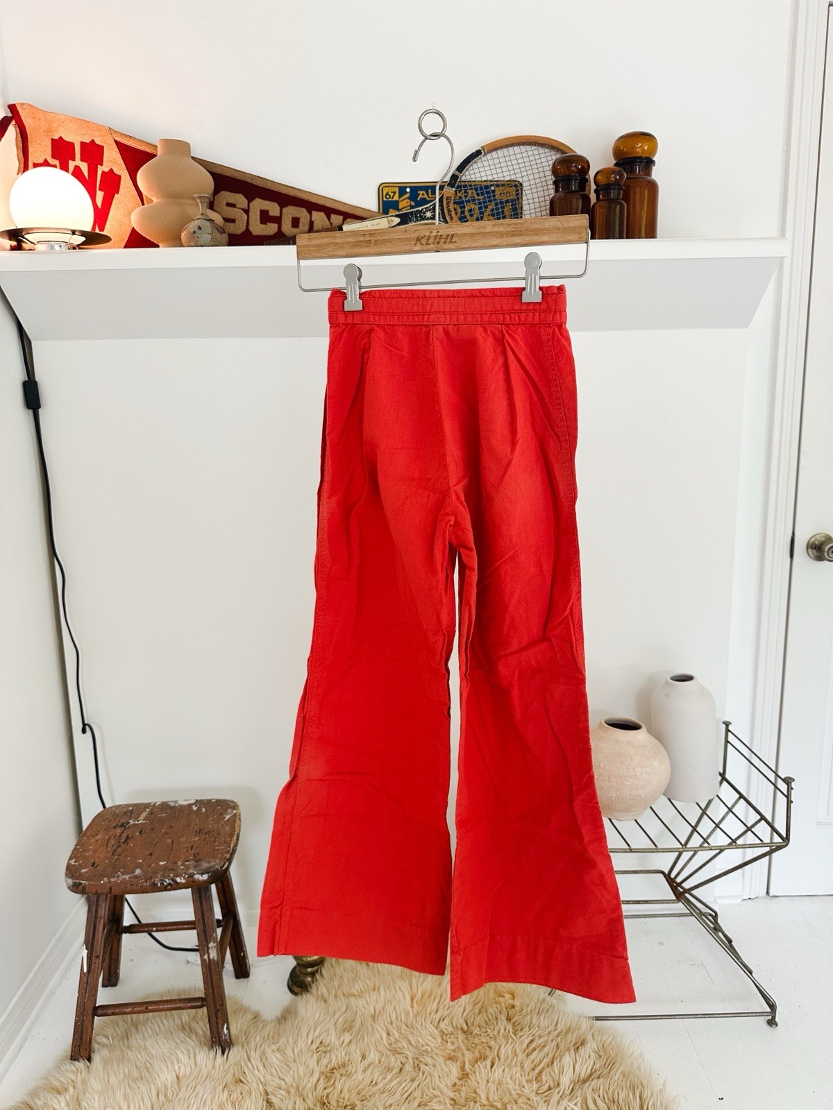 Vintage 1960s Cotton Red Pants with built in Belt Size 5/6 Petite