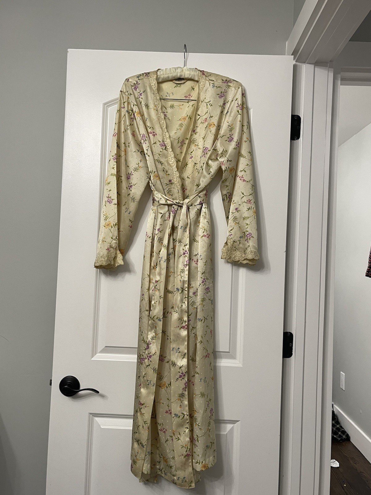 Vtg Morgan Taylor Floral Satin Robe Lace Trim Cottagecore Fairycore Softgirl L
