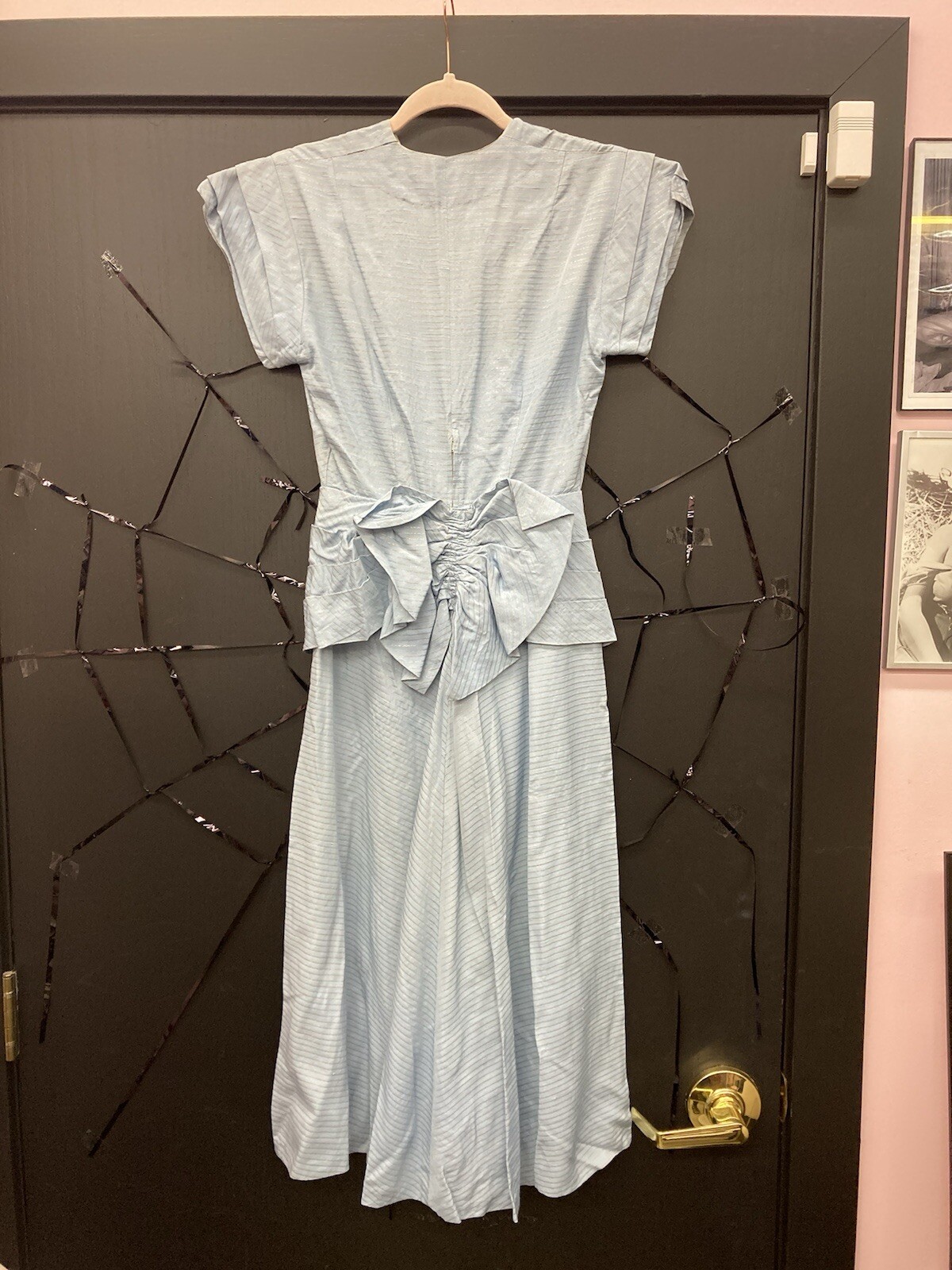SILVER STRIPES 1950’s Icy Blue Dress w/ Draped Back Bow Metallic Silver Stripes