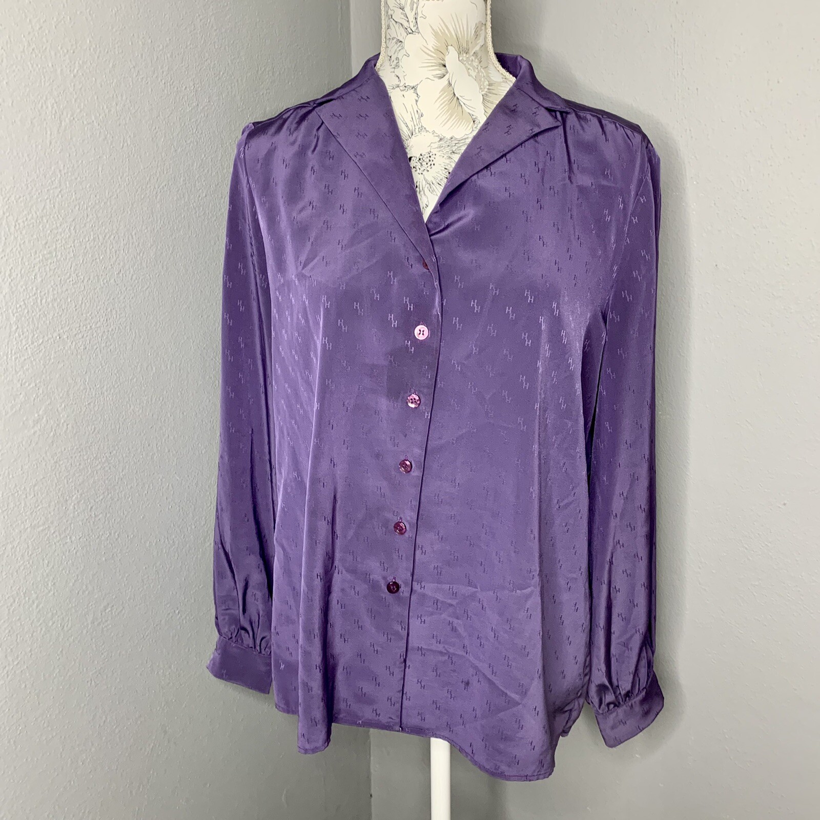 VTG Hooper Monogrammed Women’s 80s Blouse Purple Button Front Size 16
