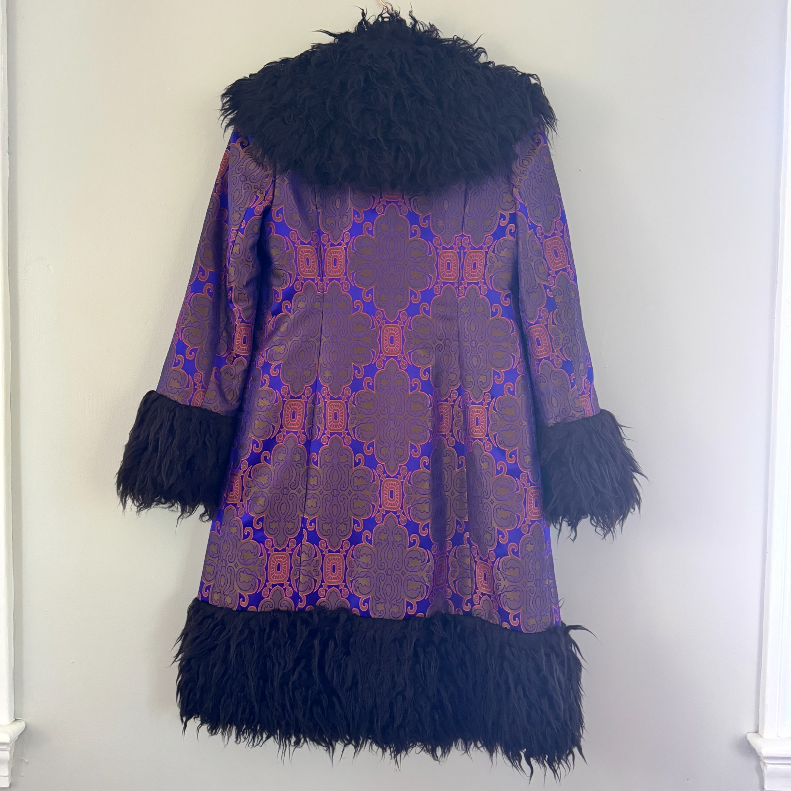 90s vtg VIVIENNE TAM Purple Gold IRIDESCENT Brocade Rave Penny Lane Fur Coat Y2K