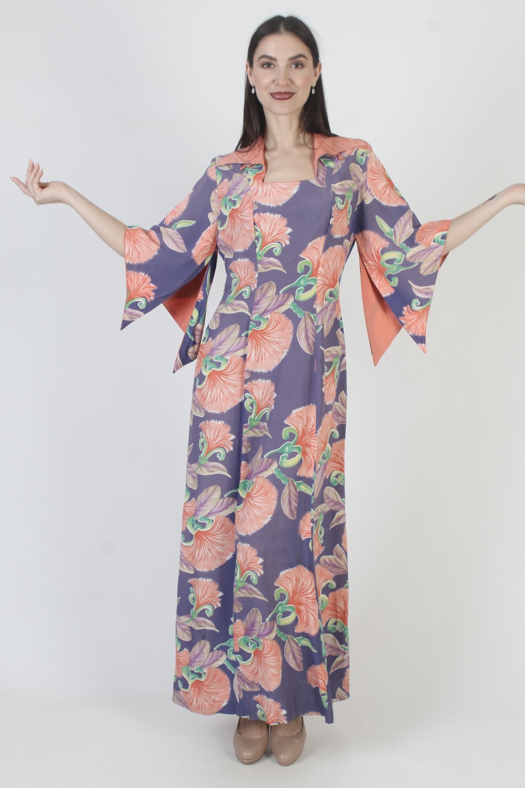 Vtg 40s Waikiki Sports Dress Honolulu Hawaii Rayon Kimono 50s MCM Tiki Pake Muu