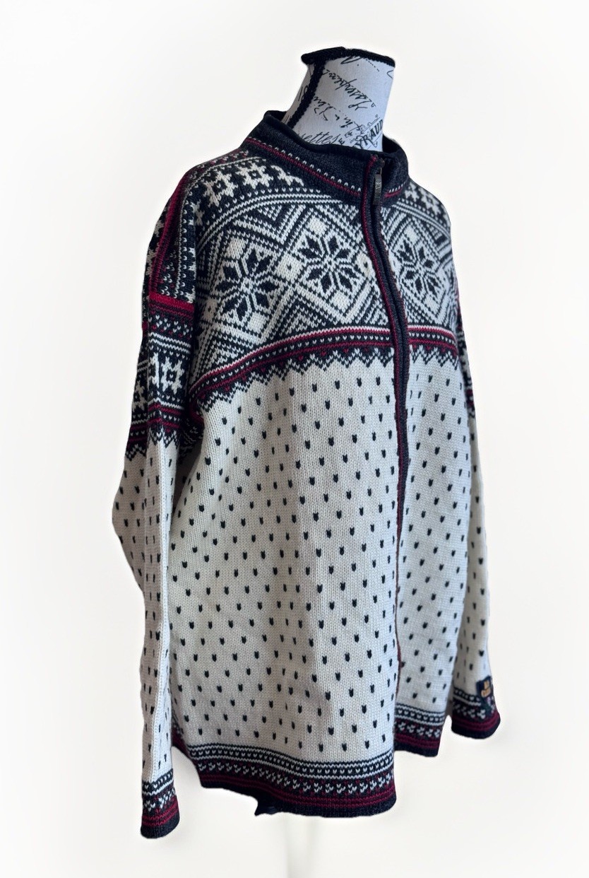 Dale of Norway Wool Zip Black Beige Snowflake Red Winter Trim Sweater Jacket L