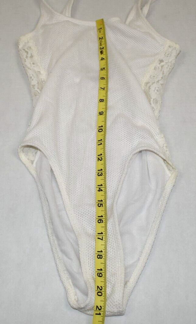 Vintage Swimsuit Leotard Size S/M 80s Krystal K White Textured Lace Side Stripes