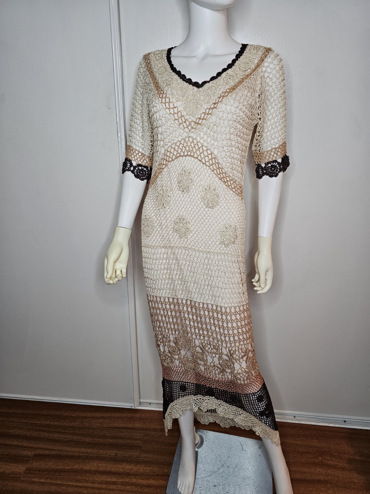 Vtg Y2k Kroshetta By Papillon Crochet Knit Midi Dress Women’s L Cream Beaded