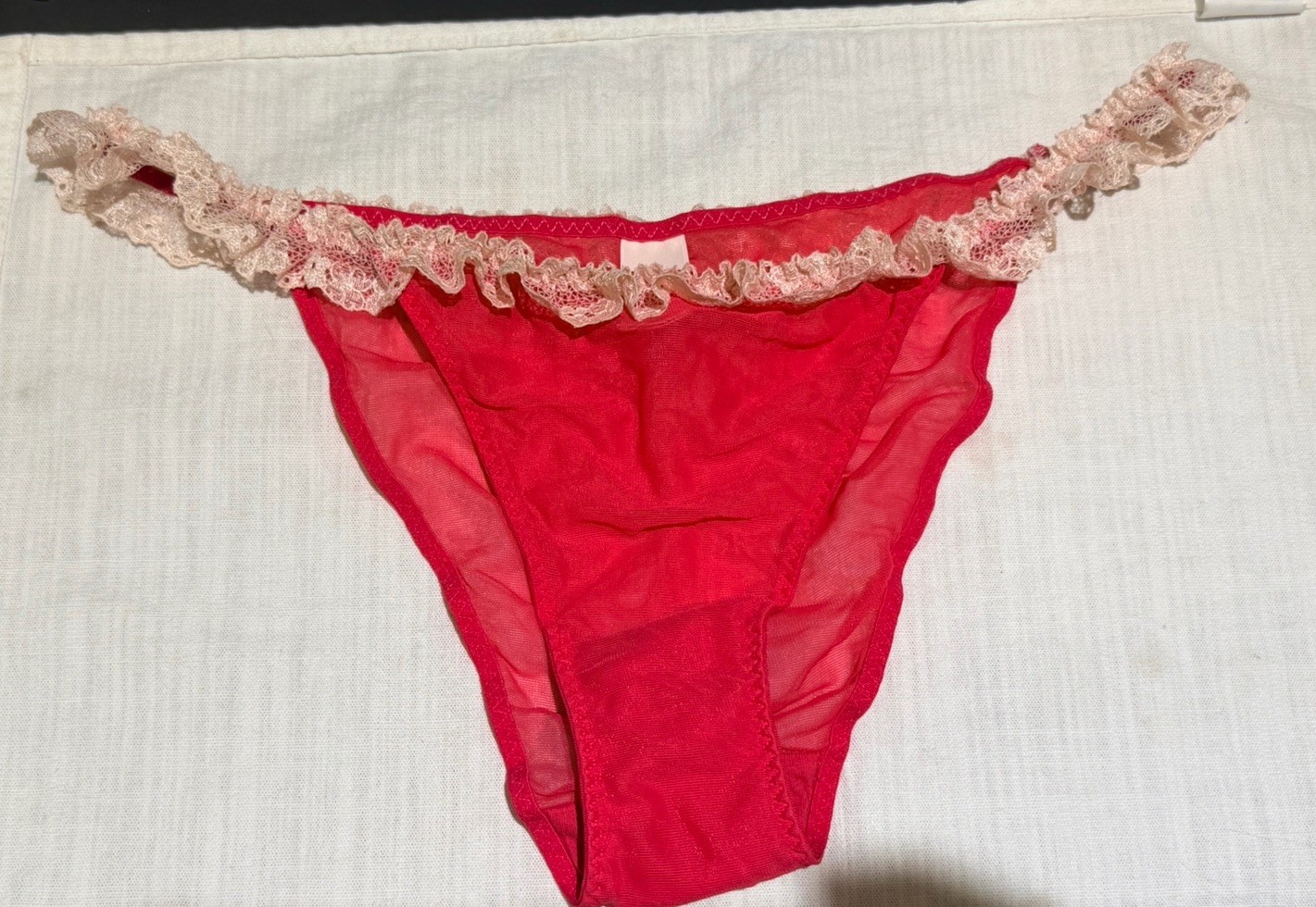 Vtg VICTORIA’S SECRET Bikini Panty Nylon Pink Sheer Ruffle L 09 12