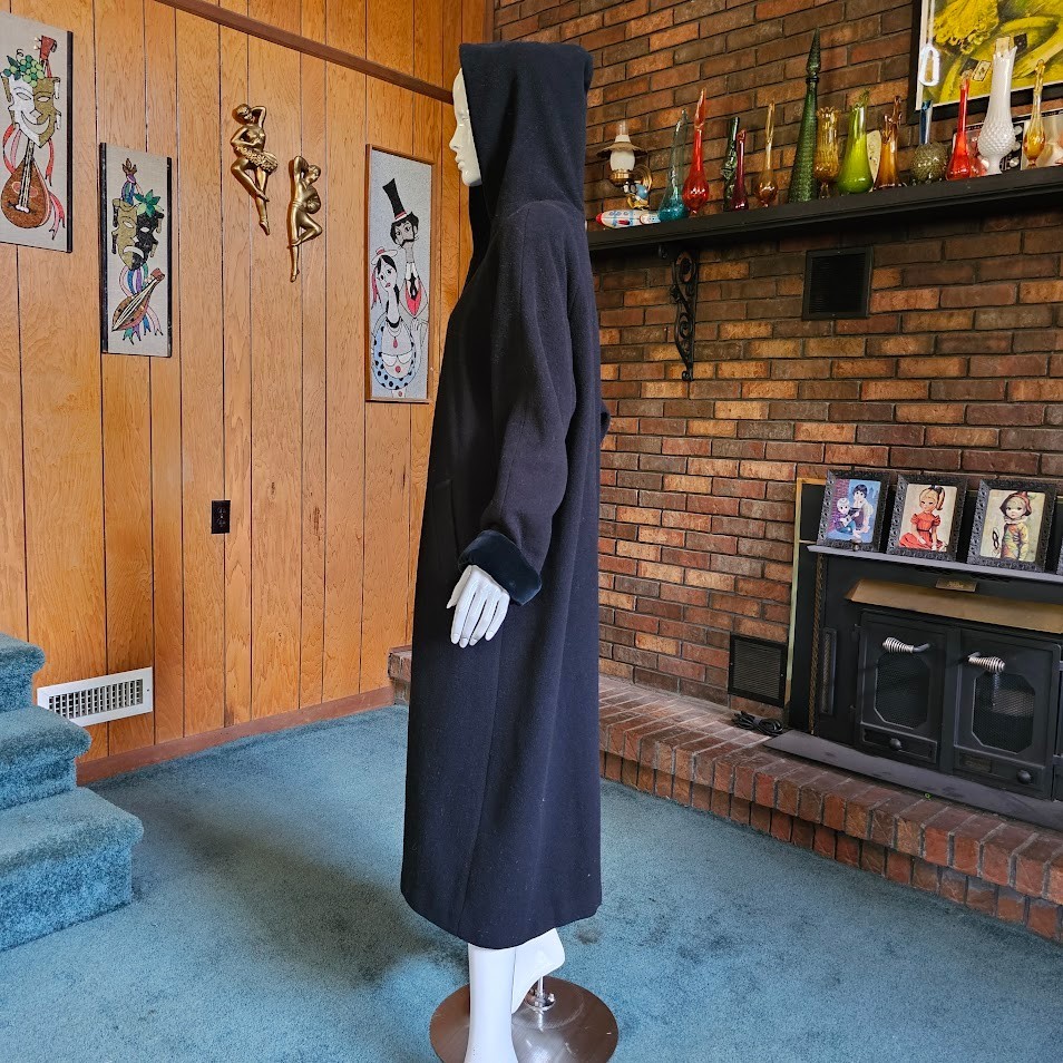 Vtg 80s Little Gothic Riding Hood Black Wool Velvet Full Length Cloak Coat L/XL