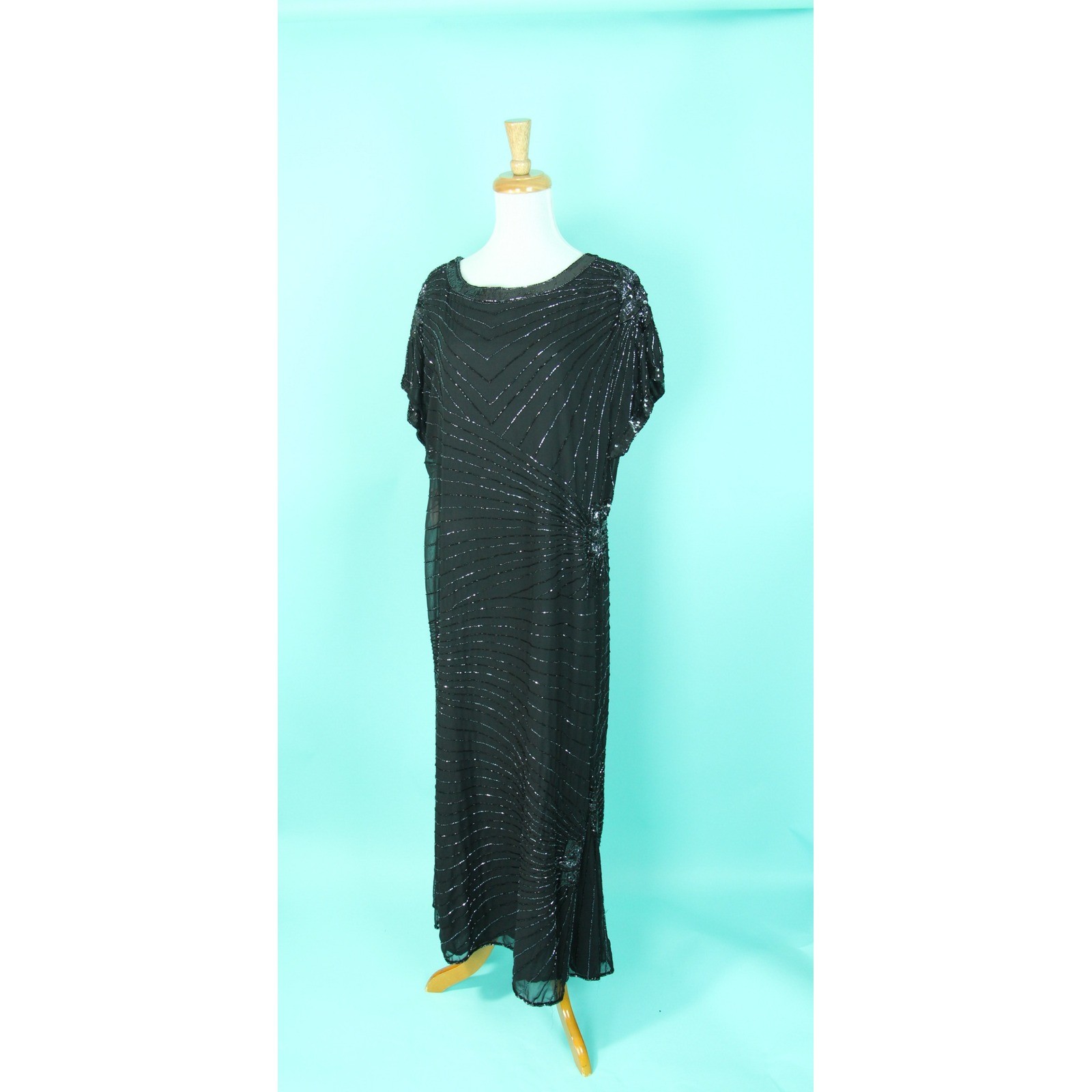 Brilliante by JA Black Sequin Beaded Silk Chiffon Maxi Dress Vintage XL Gown