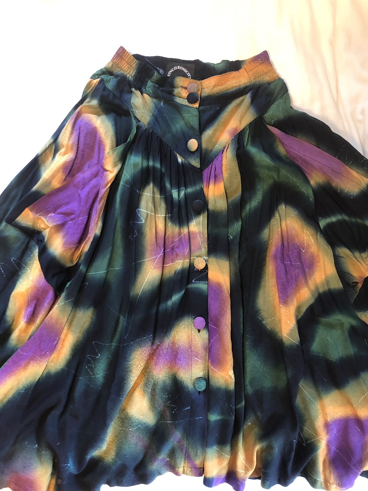 Vintage SYNCHRONICITY 1980’s Gold Purple Black Tie Dye Gypsy Skirt w Buttons