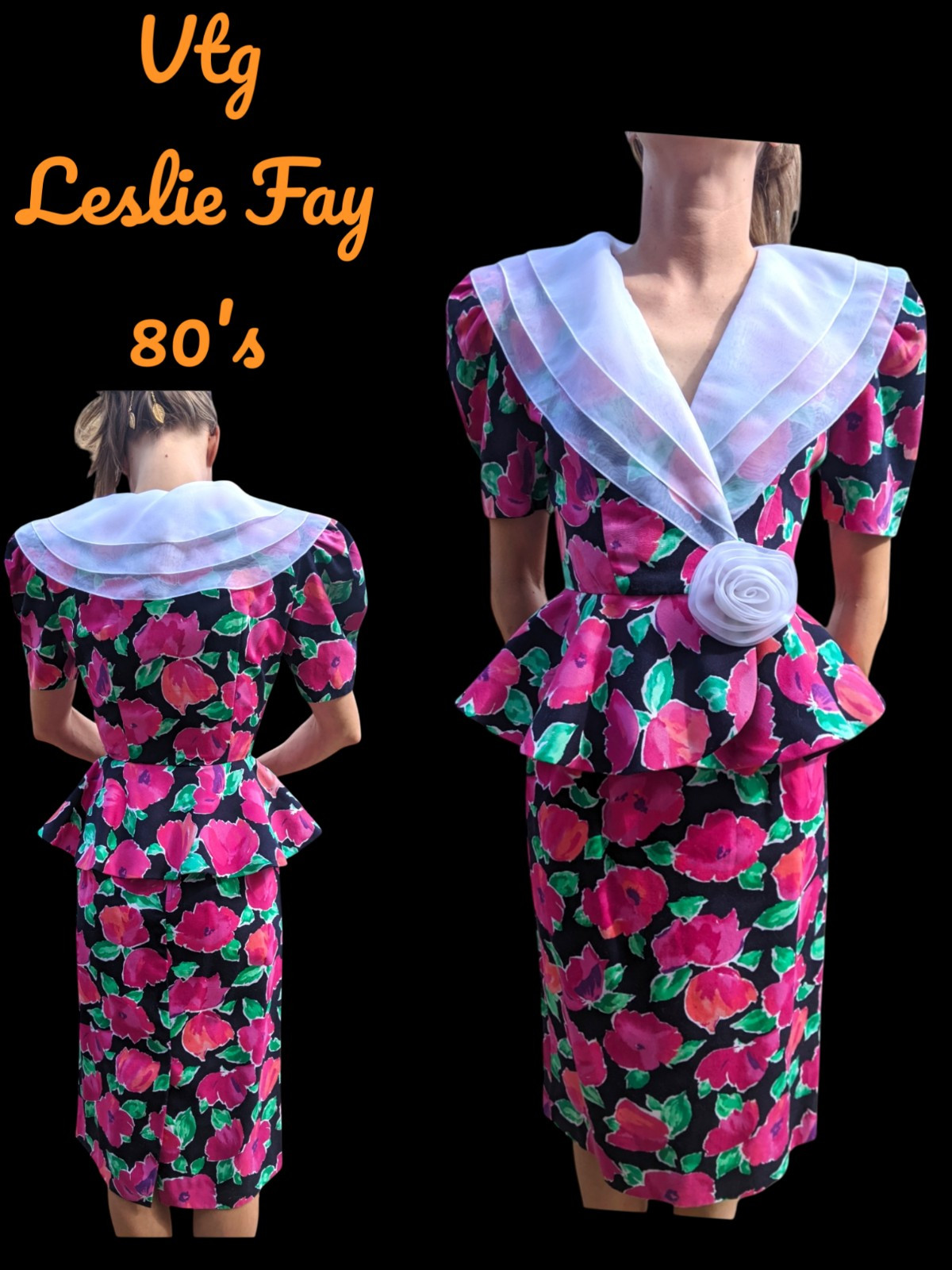 Vtg Leslie Fay 80s Peplum Jacket Top Chiffon Collar Rose Floral Easter Suit Sz 4