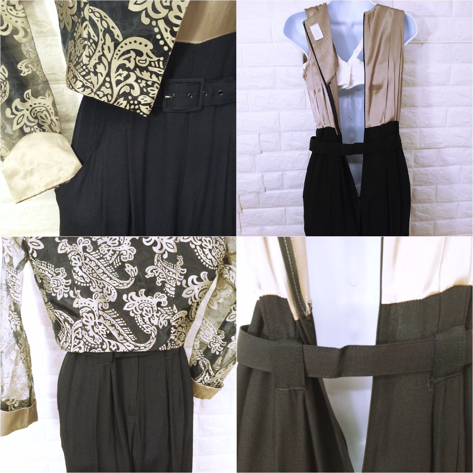 Vintage 90s 2-pc Set JumpSuit Jacket 6/8 Pockets Two-tone Scroll Champagne Black