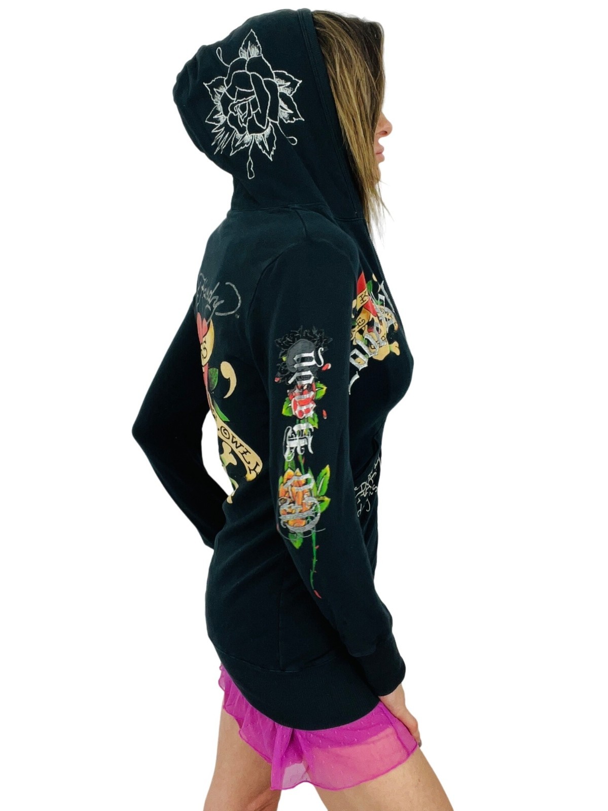 VTG Ed Hardy Christian Audigier Black Tattoo Graphic Zip Hoodie S | McBling Y2K