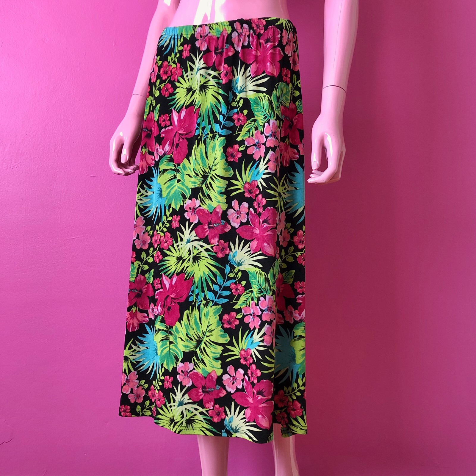 Vintage 90s M/L Midi Skirt Cotton Slinky Stretchy Tropical Floral Elastic Waist
