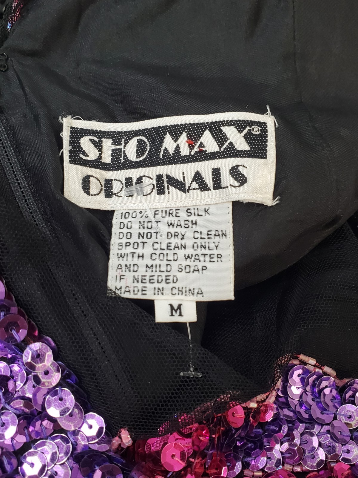 VTG 80s SHO MAX Black/Pink/Purple BEADED Sequined BAROQUE Silk TROPHY Dress Sz M