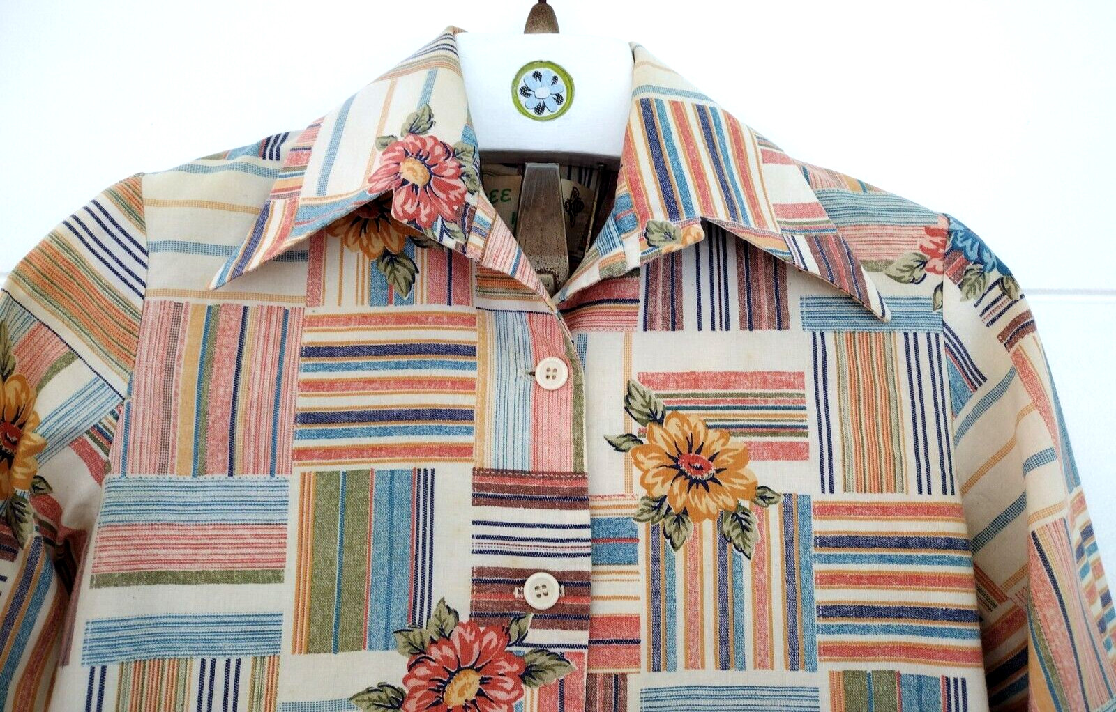 Vtg 70’s Western Patchwork Dagger Collar Plaid Button-Up Retro Mod Blouse Sz S