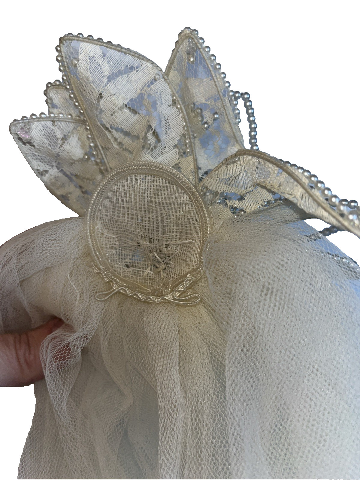Vintage Wedding Crown Veil Lovely Pearl Lace Beaded Head Piece Off White Tulle