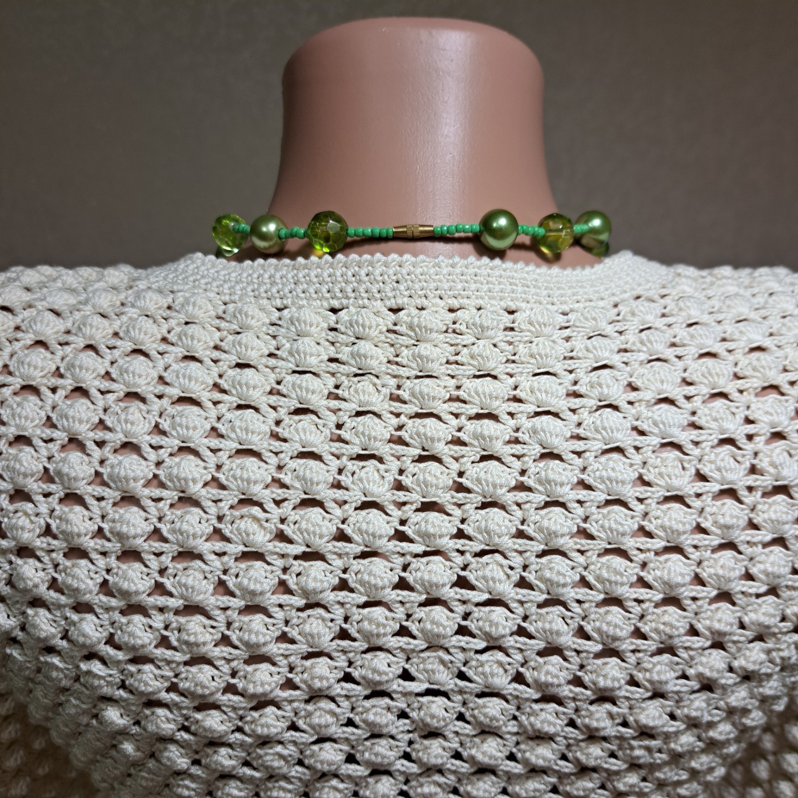 Vintage 80s 90s Handmade Crochet Cardigan Ivory MOP Buttons Ukrainian Handcraft