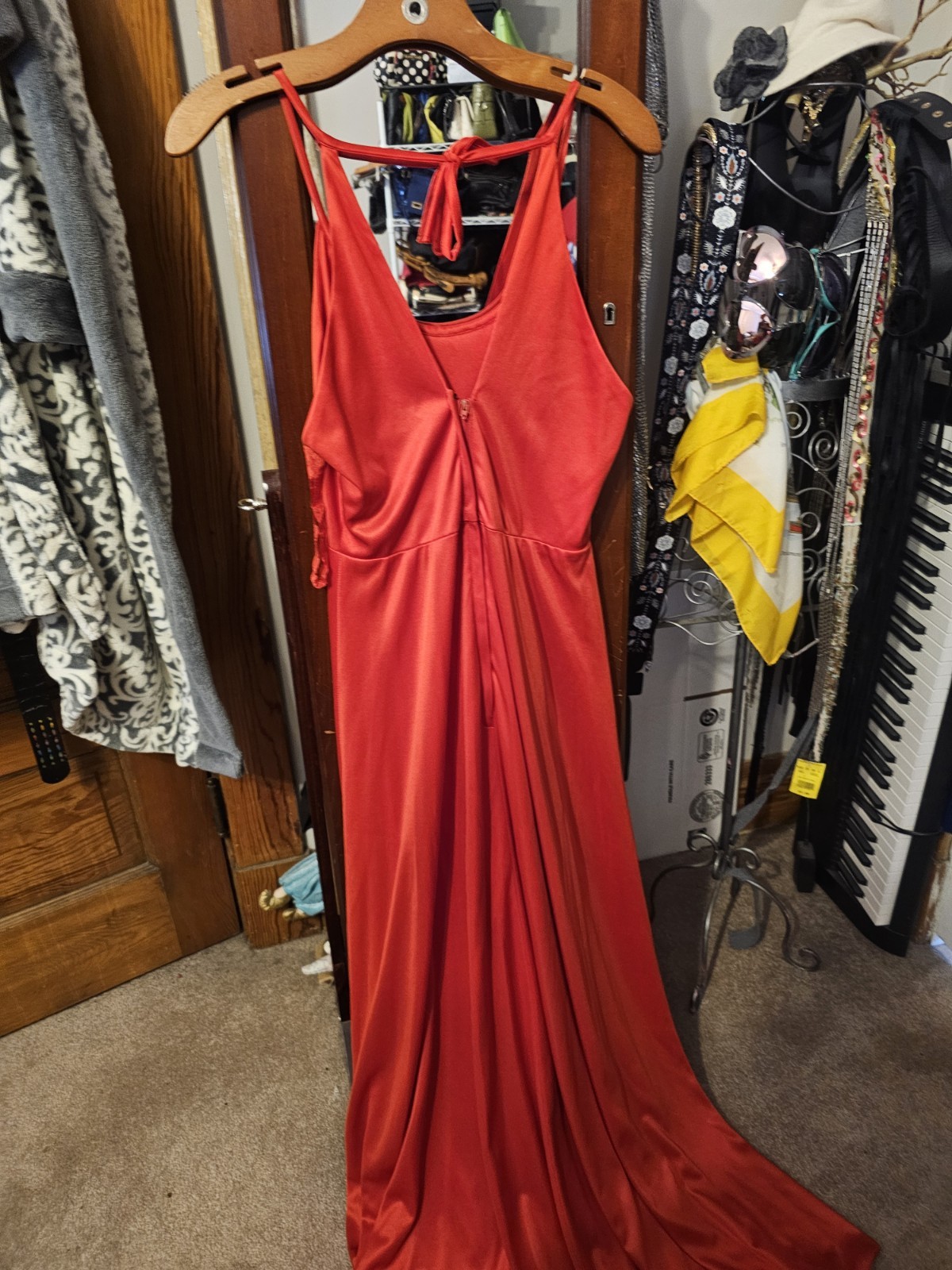 True Vintage Unbranded 1970s Caolet Dress Long Red Disco Evening Caplet Size…