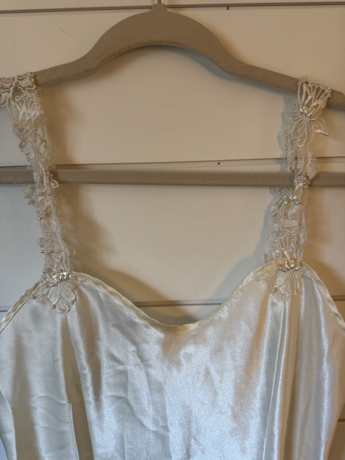 Ivory Satin Lace Slip Regular Size Pearl Lace Straps Sleepwear Lingere