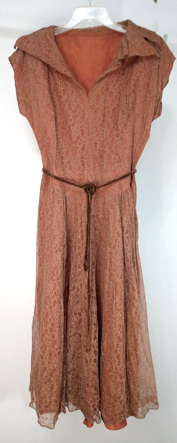 Vintage Lace Tea Dress XS S Small Velvet Belt Party 1940s Cinnamon ROCKABILLY