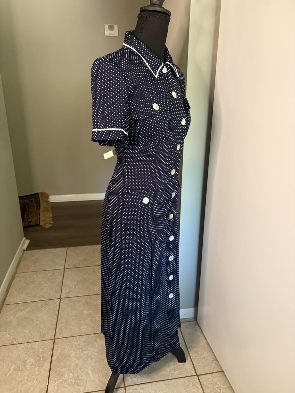 Vintage Navy Polka Dot Front Button Dress W Mother of Pearl Buttons