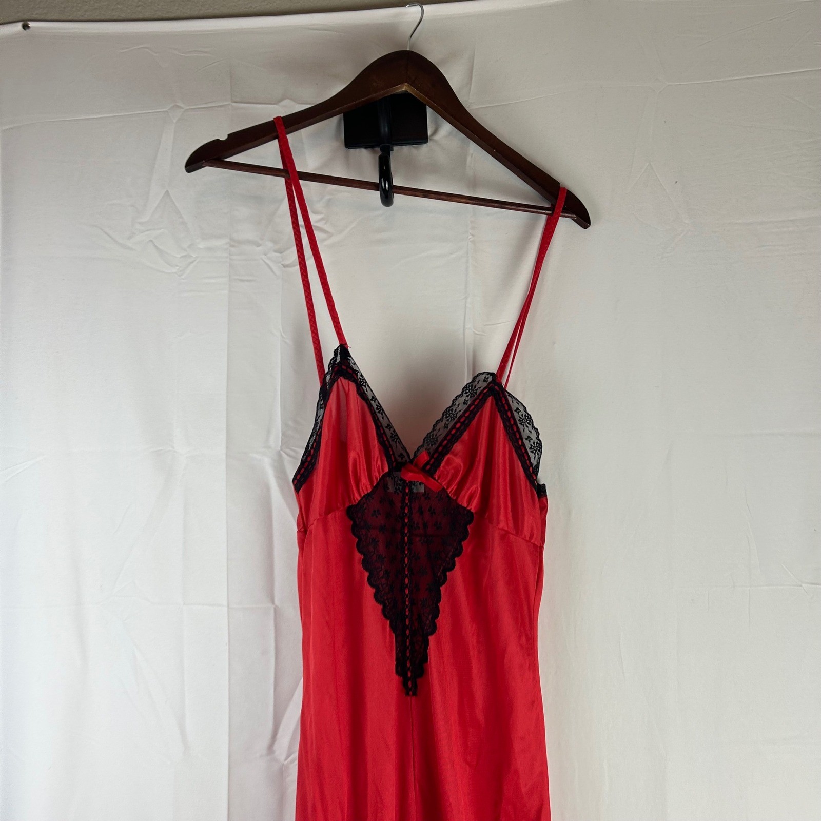 Vintage Paramount New York Red Satin Nightgown Black Lace Trim Maxi Slip Dress