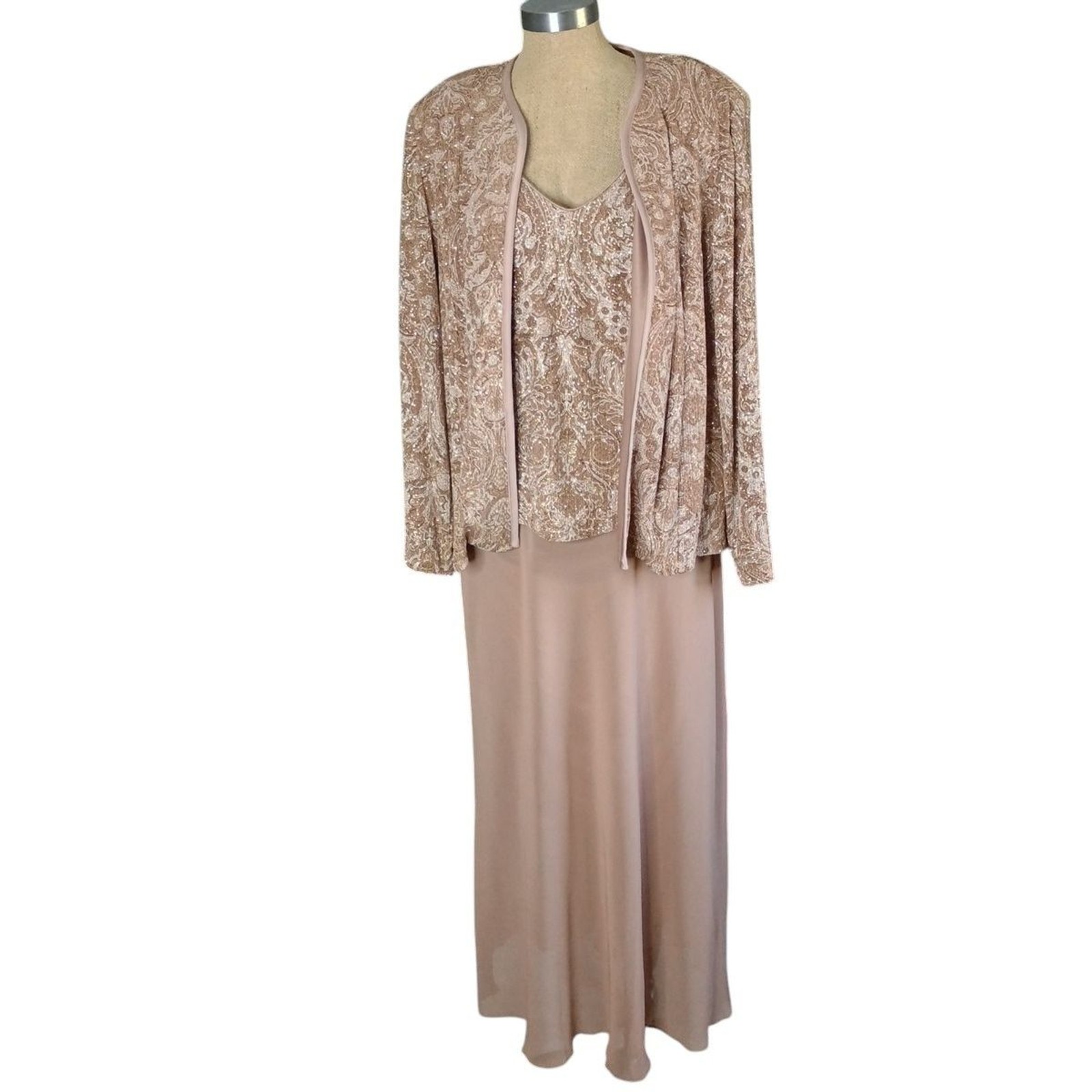Vtg Patra Woman Dress+Jacket 16W Beige/Brown Gold Beaded Maxi Stretch Formal