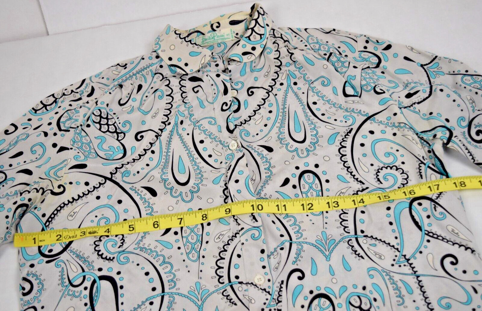 Vintage Emilio Pucci Shirt Size S/M 60s Pale Gray Turquoise Black Paisley Swirls