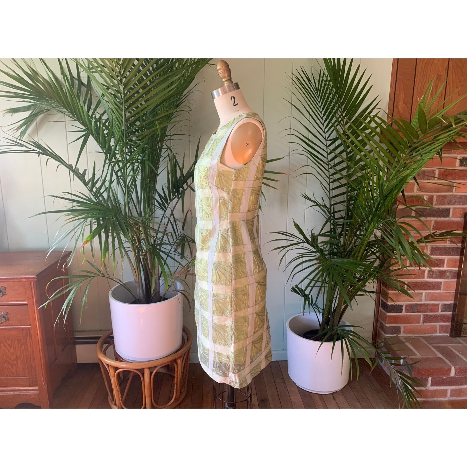 Vintage 1960s Chartreuse Green Silk Sheer Embroidered Organza Sheath Dress