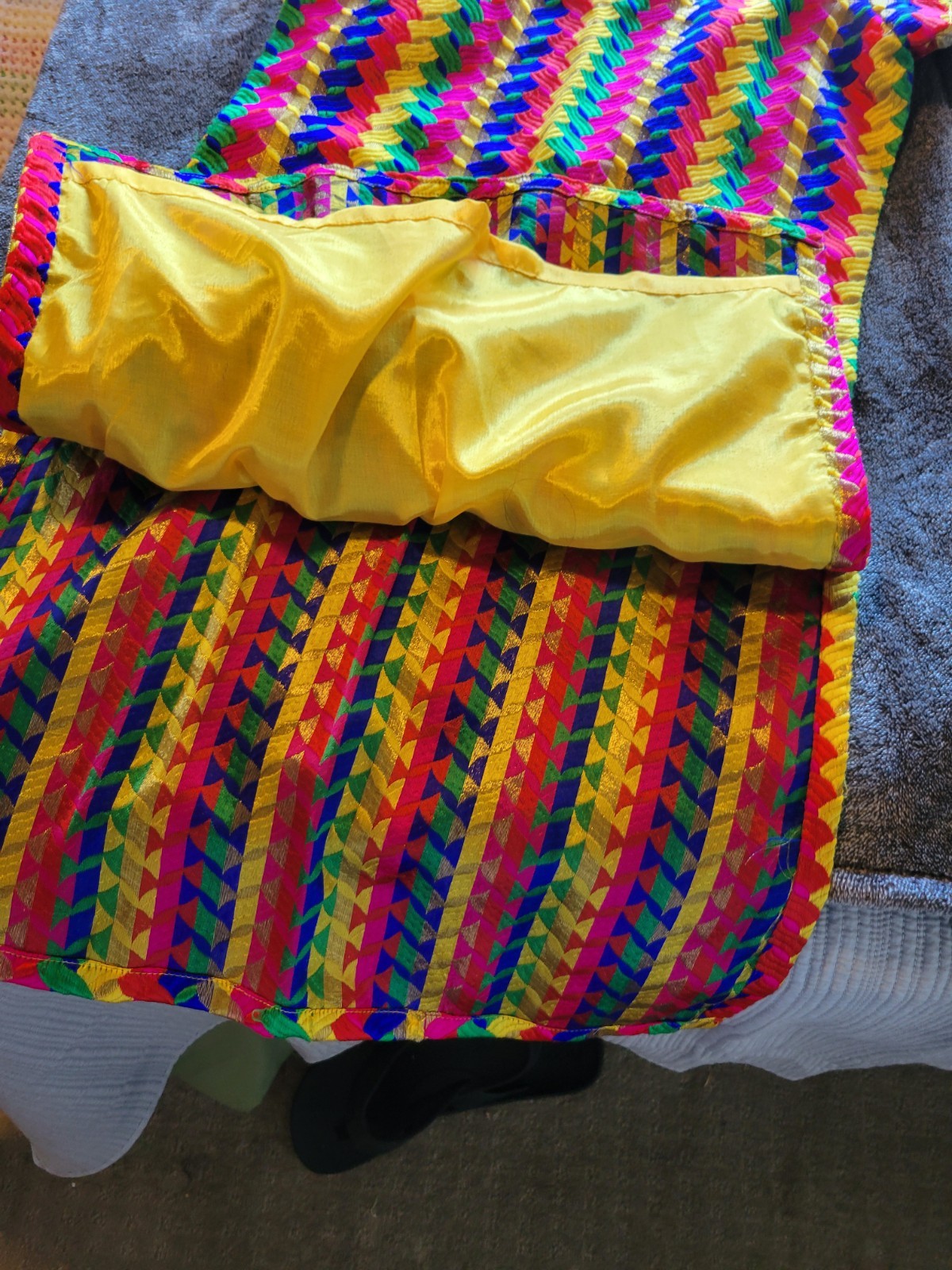 VINTAGE COLORFUL KAFTAN MINI DRESS MULTICOLOR WITH GOLD DETAILS SIZE M