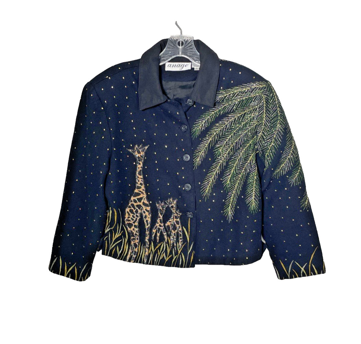 ANAGE Giraffe Safari Embroidered Blazer Size Sm. Black Metallic VTG Art to Wear