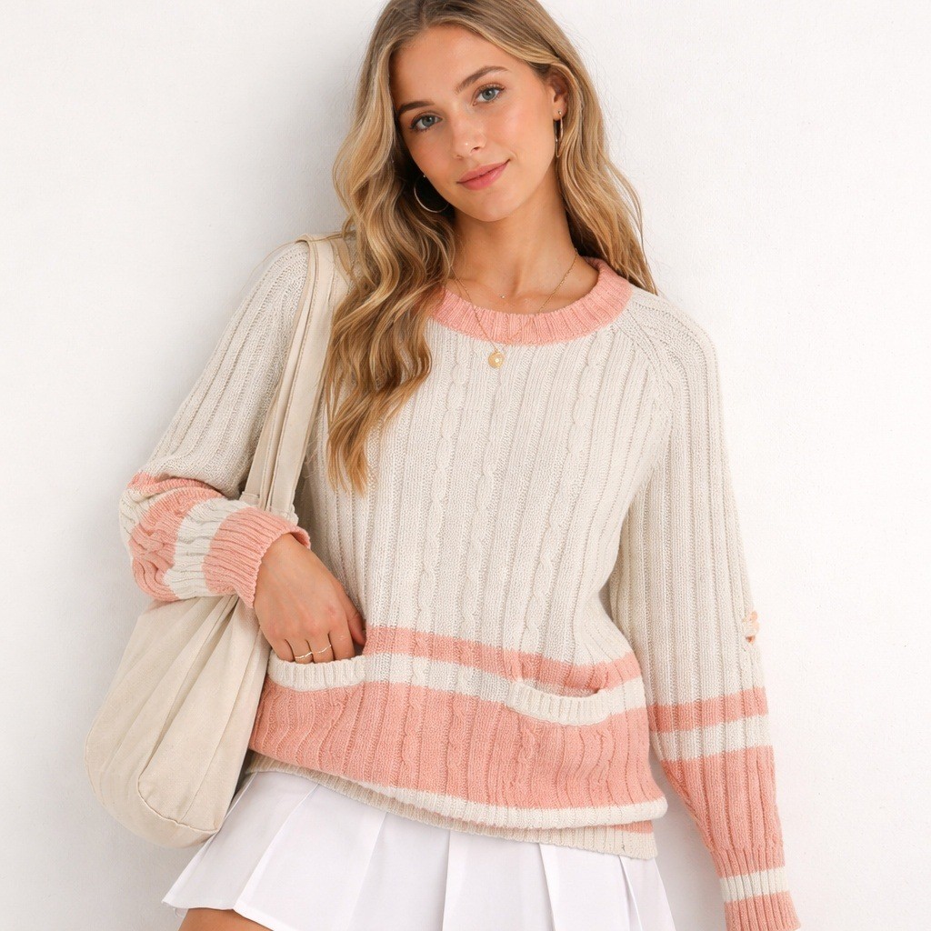 Vintage 90s Cable Knit Varsity Tennis Sweater Pink Cream Womens M Distressed