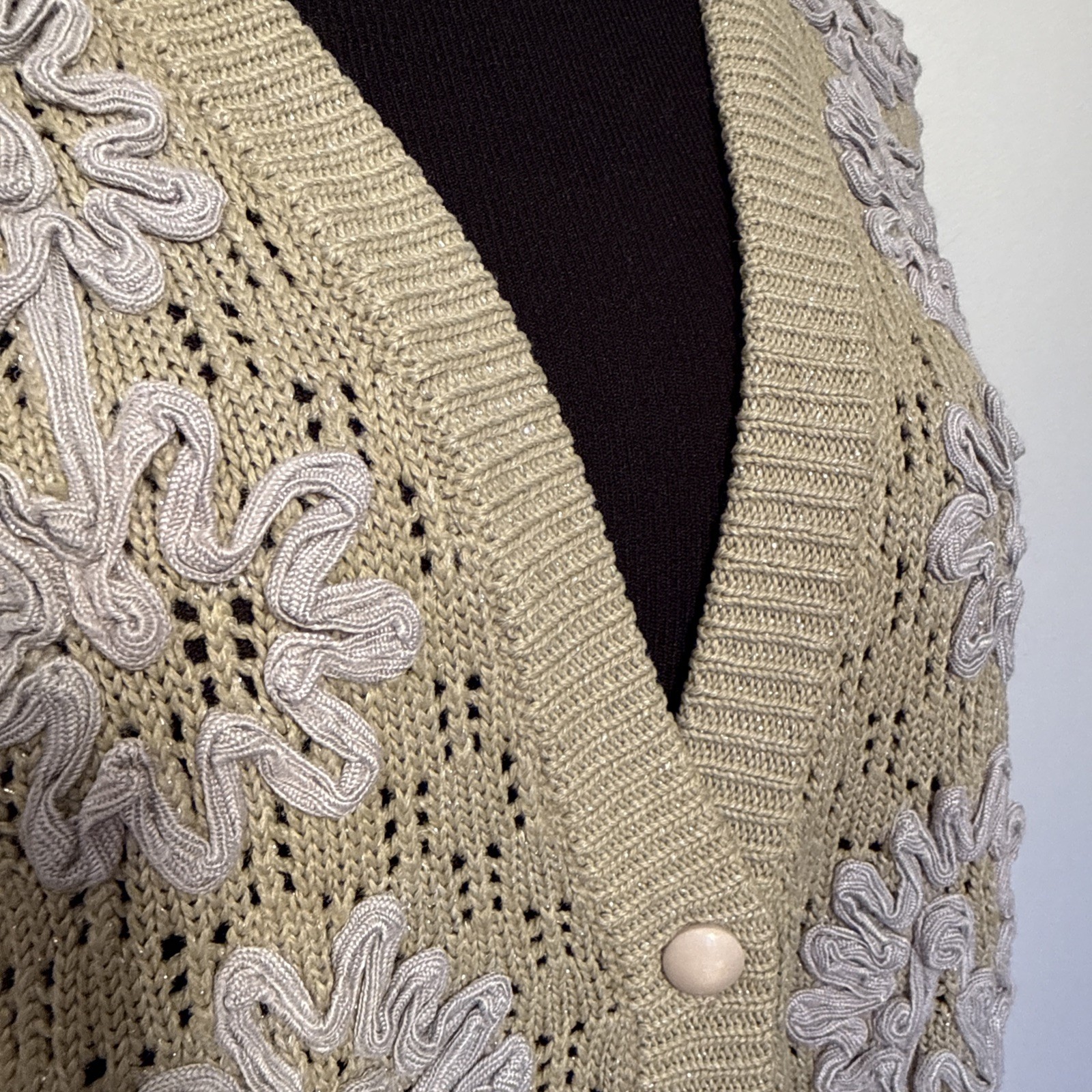 Vintage Fully Fashion Crochet Knit Appliqué Metallic Cardigan Wool Blend S-M