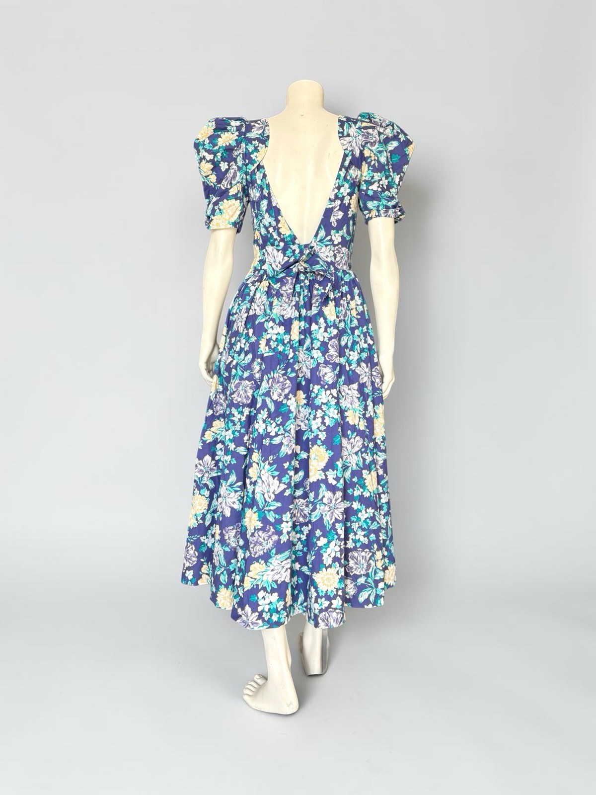Laura Ashley Vintage Blue Floral Puff Sleeve Midi Dress UK 14 US 12 Cottagecore