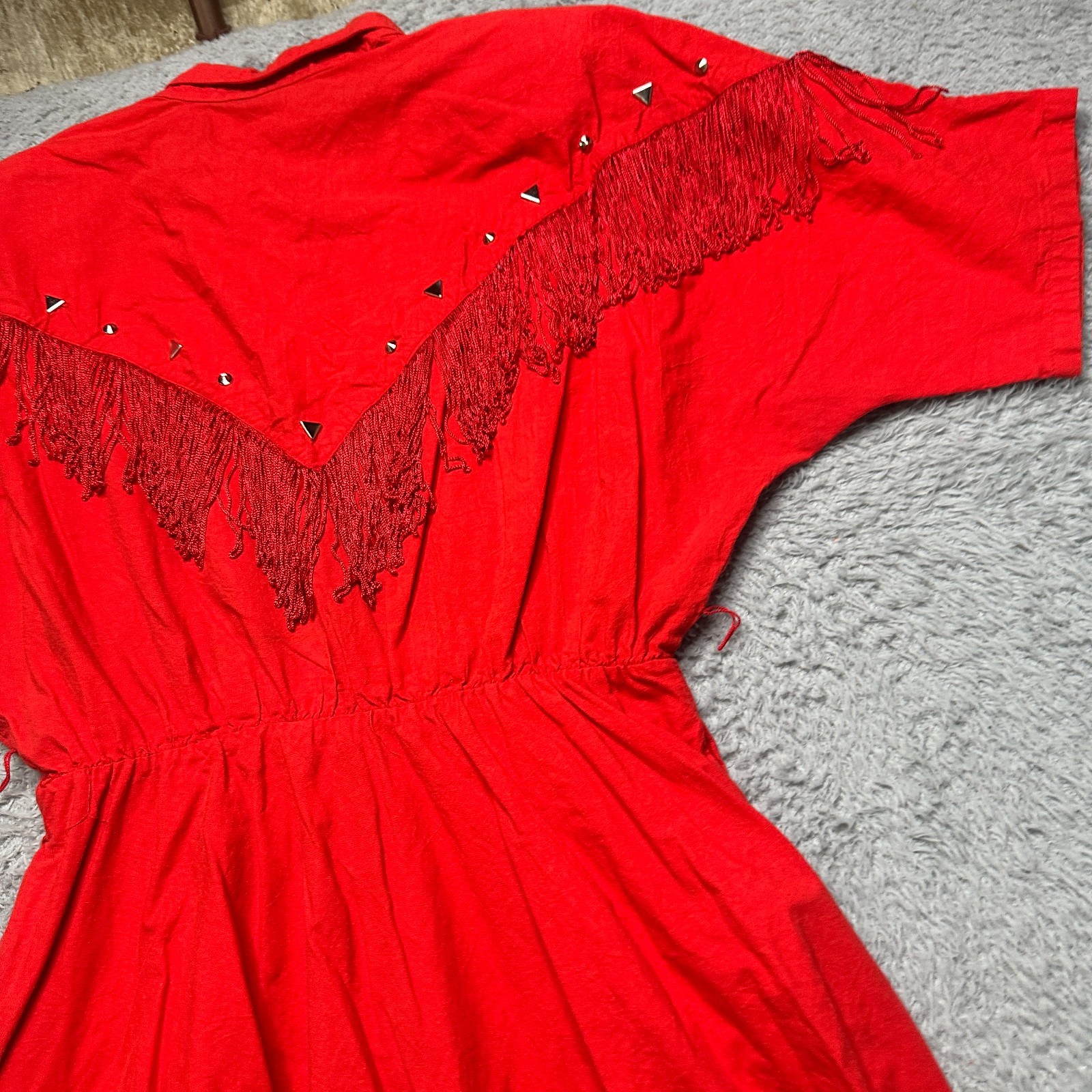 Vintage Western Dress Womens L Red Fringe Tassel Rodeo Square Dance