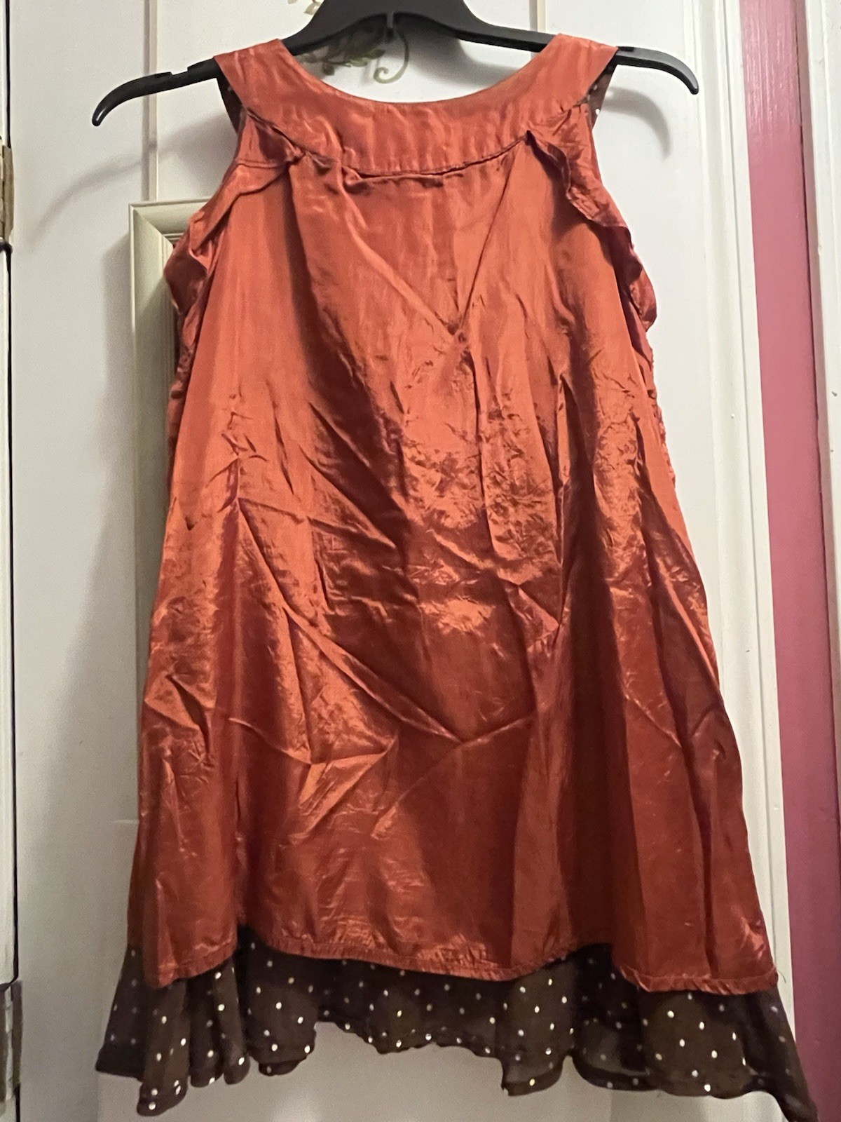 Vtg 1960’s Brown With White Polka Dots Pleated Sleeveless A-Line Dress Cut Tag