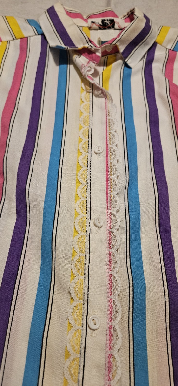 Vintage JF1 Womens Shirt Size Large Bright Striped Button Down Lace Made In USA