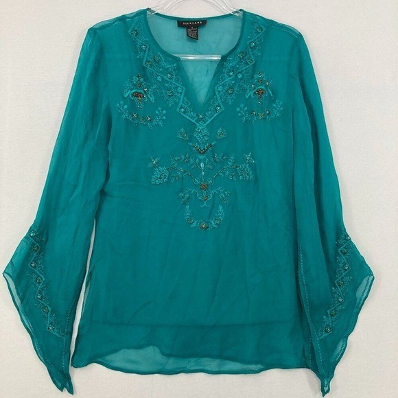 Vintage Silk Land Size Small Teal Embroidered Beaded Flare Sleeve Fairy Blouse