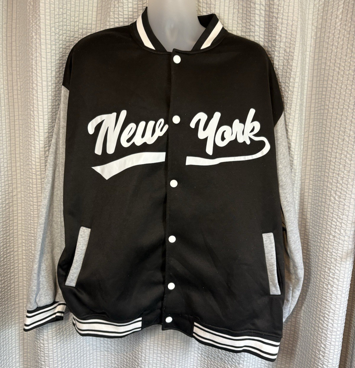 Black New York Varsity Jacket with Striped Trim, Snap Buttons Size 4XL