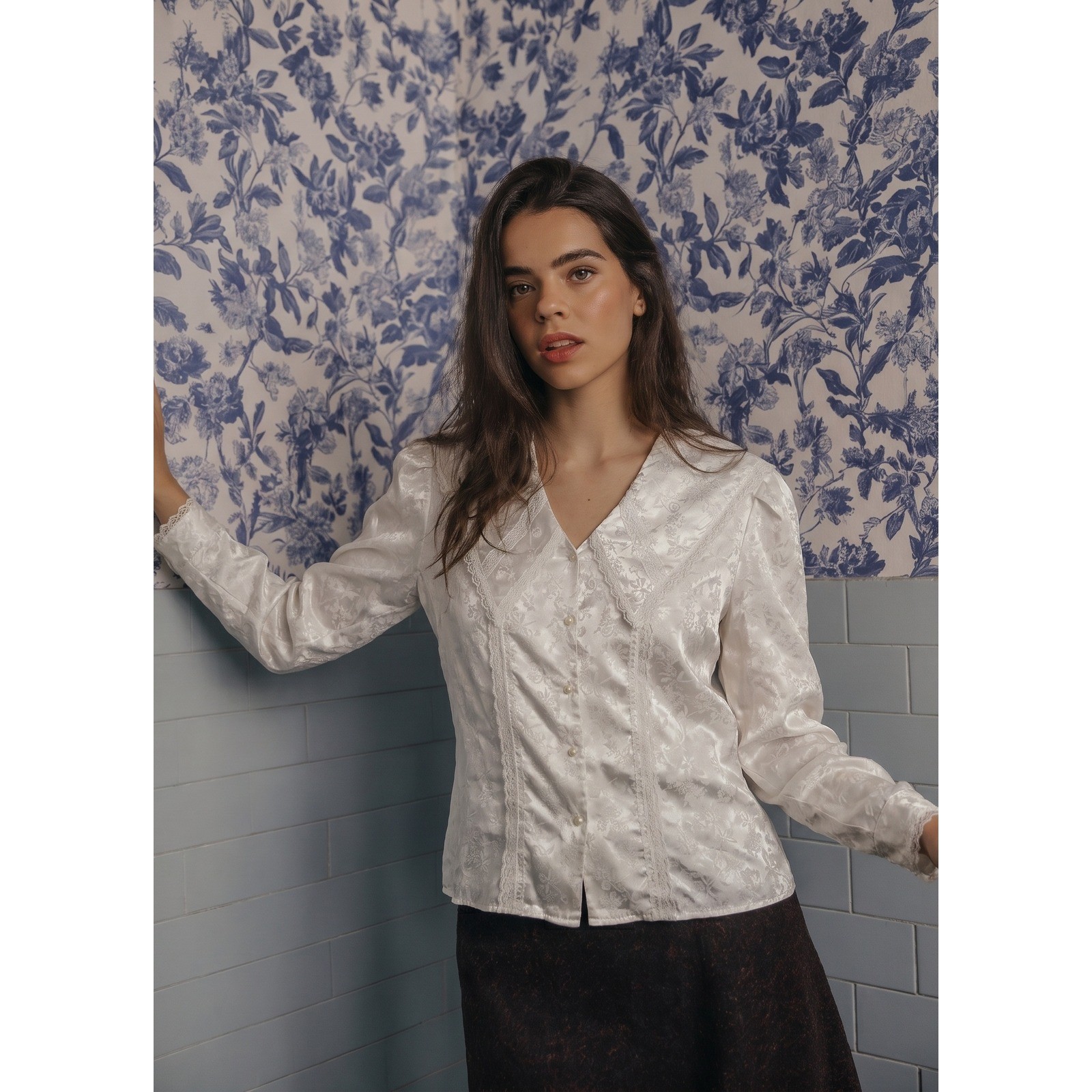 Gunne Sax Blouse Womens 11 White Satin Jacquard Sailor Collar Lace Trim Vintage