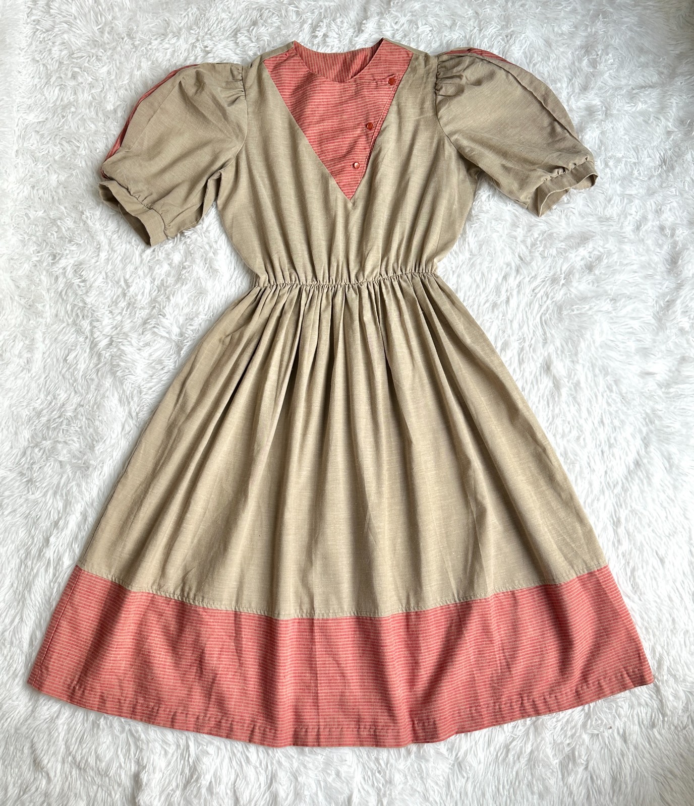 Vintage Impromptu Prairie Cottagecore Peasant Dress Brown Pink Puff Sleeve Women