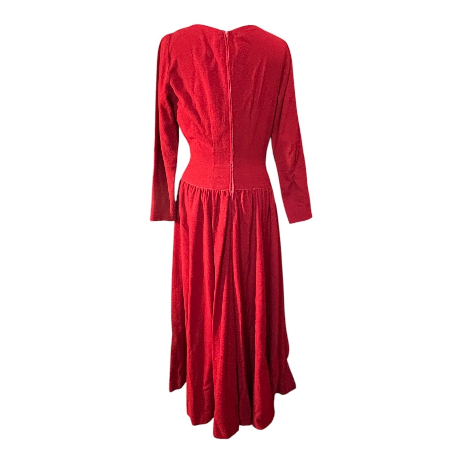 40s Red Wool Siren Dress Pointed Waist Dramatic Old Hollywood Mended 38 Bust