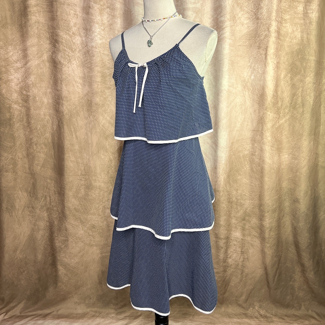 Vintage 70s Paper Moon by Yvette Tiered Layered Polka Dot Midi Dress Blue Beach