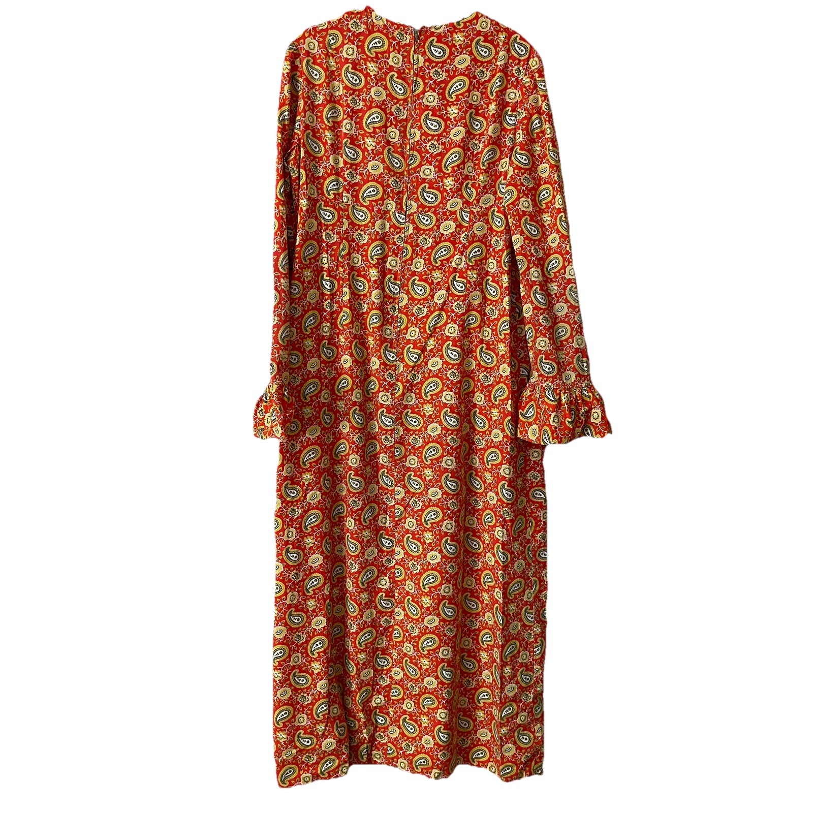 VTG 1970s Handmade Maxi Sheath Dress Orange Paisley Lace Trim Theater Sz S