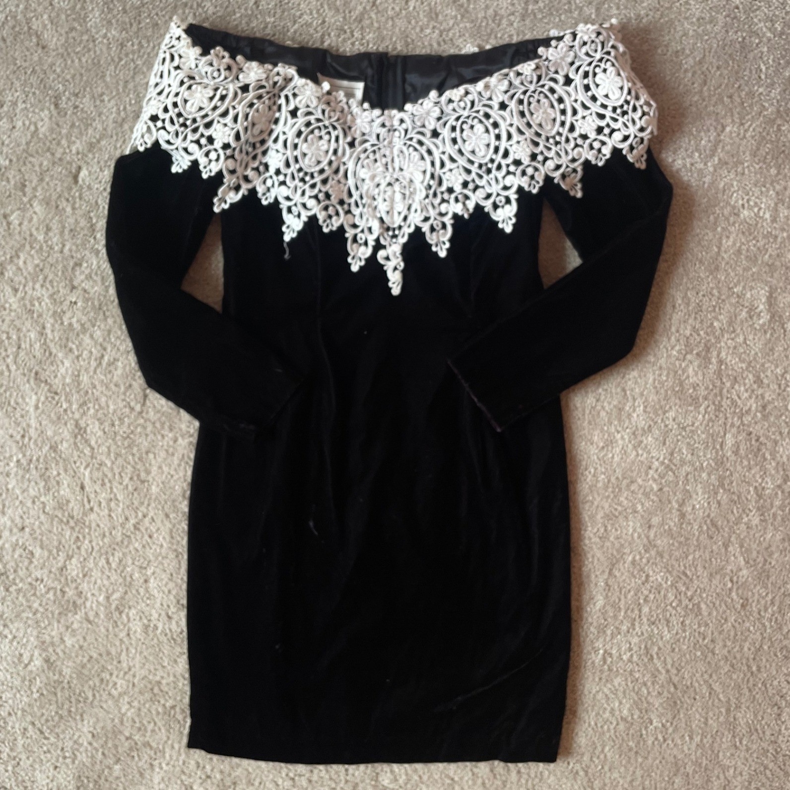 Vintage 80s / 90s Velvet Off the Shoulder Lace Cocktail Dress