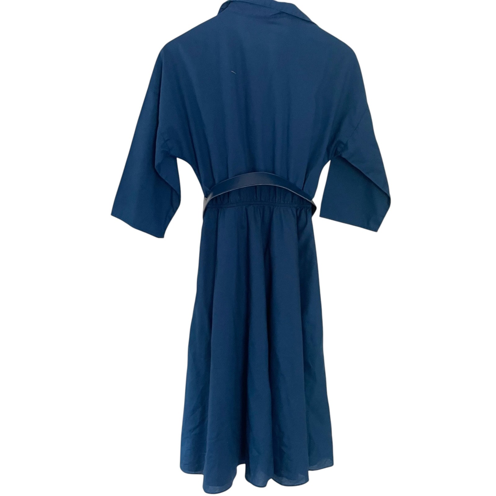 Vintage 80s The American Shirt Dress 8P 8 Petite Navy Blue Midi A Line Belted