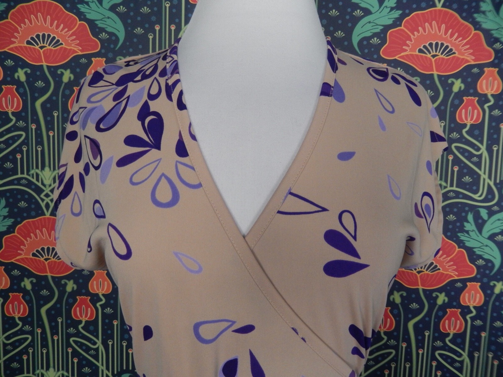 Vintage Y2K Express Tan Beige Purple Knit Wrap Short Sleeve Dress