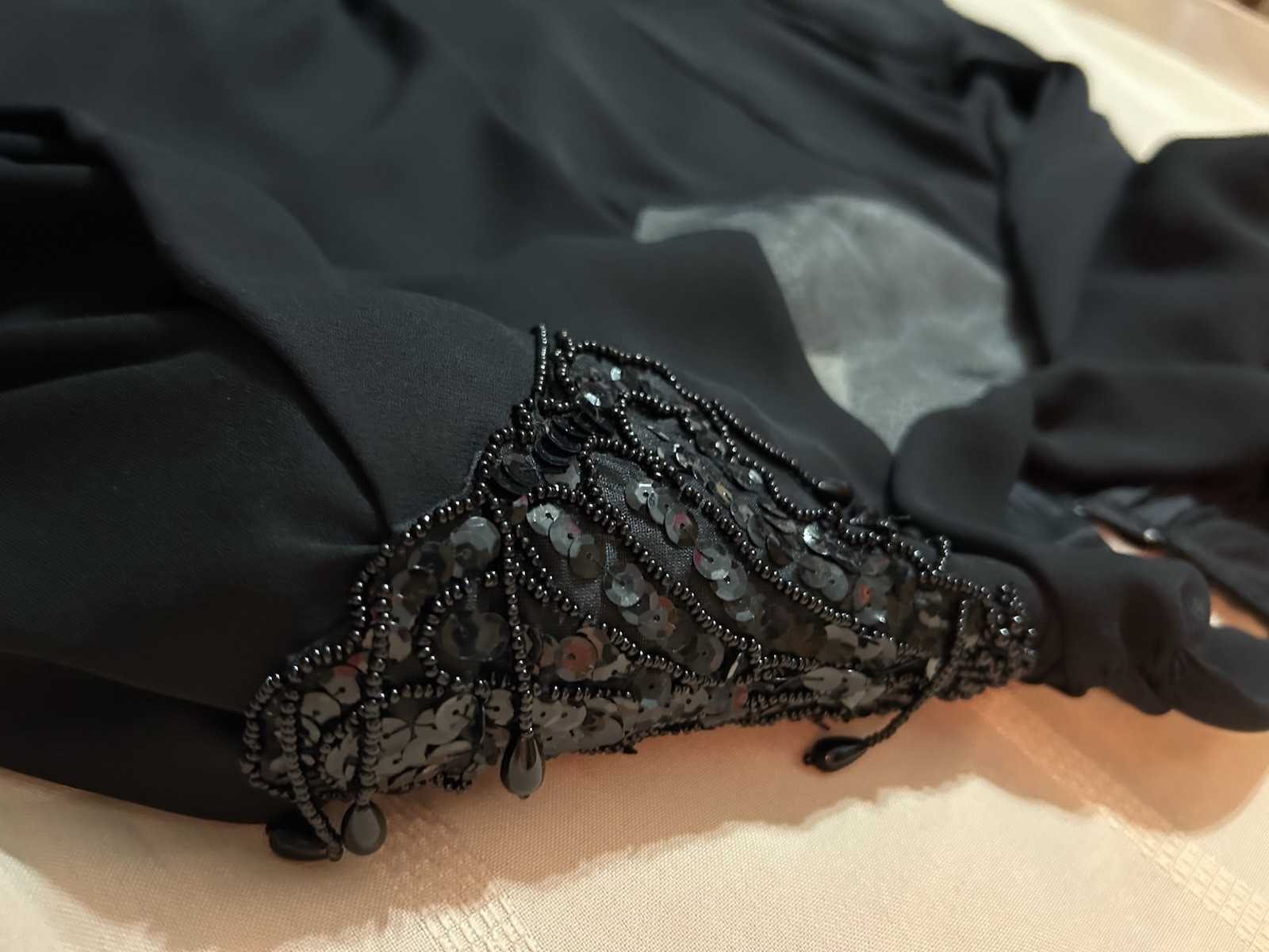 Vintage 80s Black Chiffon Dress With Capulet Beaded Shoulder Size 10 Goth Vampy