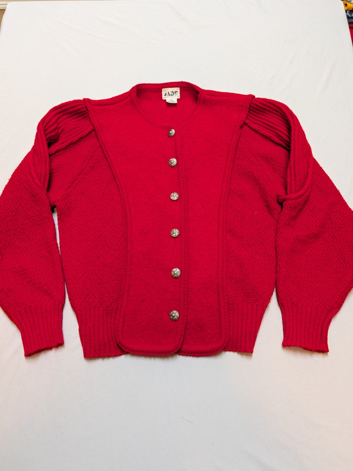 Vintage 80s Jade Sweater Womens Medium Wool Button Up Sweater Red